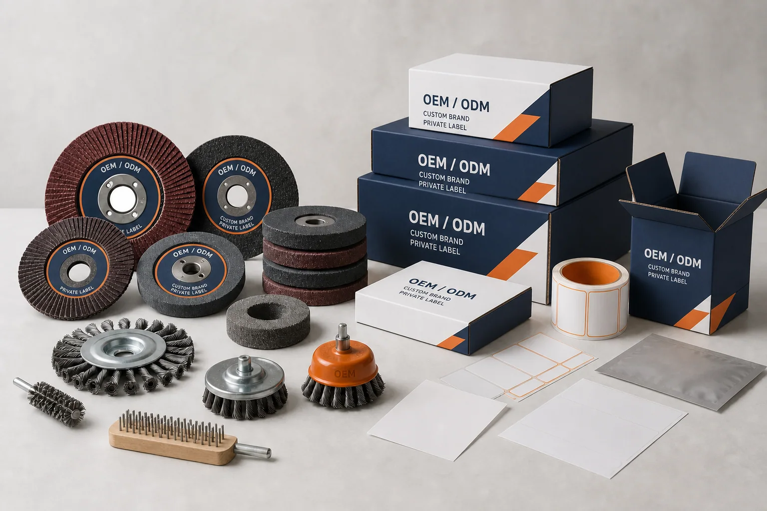 Coated abrasive products with custom OEM labels and coordinated private-label packaging